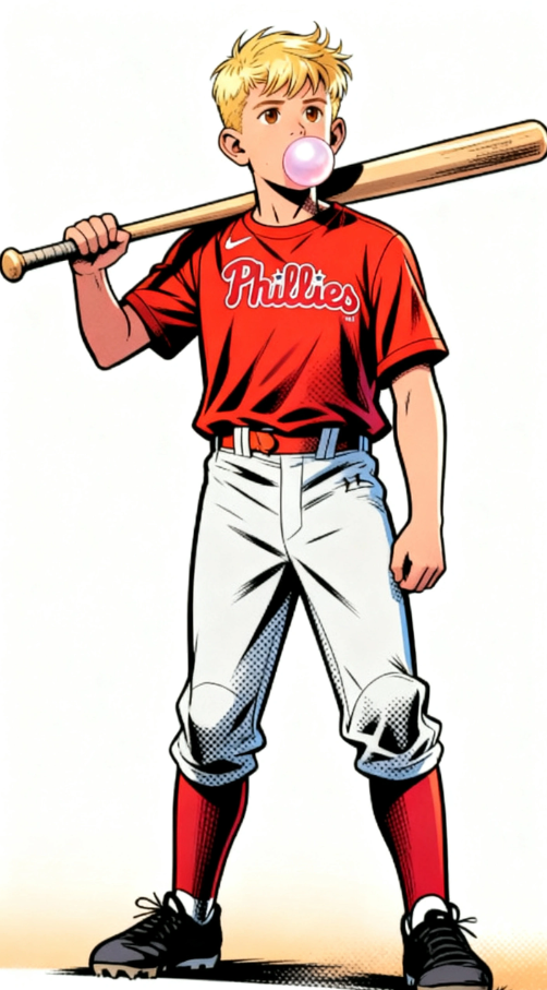 Ethan in his Phillies baseball uniform blowing a bubble